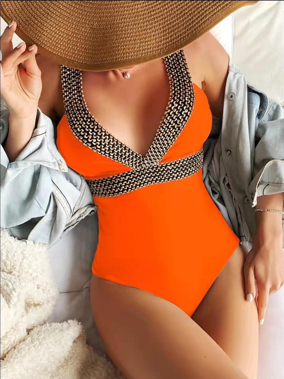 V-Neck Swimsuit with Gold Detail