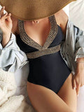 V-Neck Swimsuit with Gold Detail
