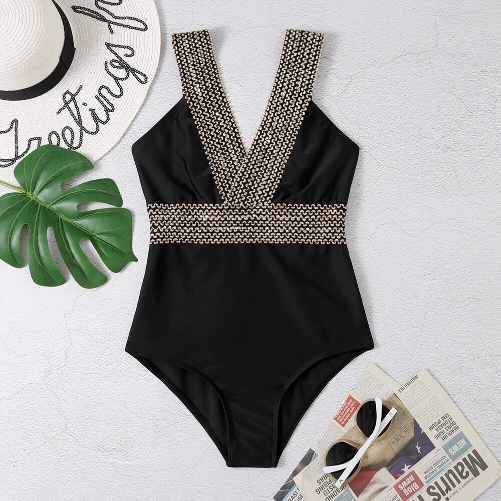 V-Neck Swimsuit with Gold Detail