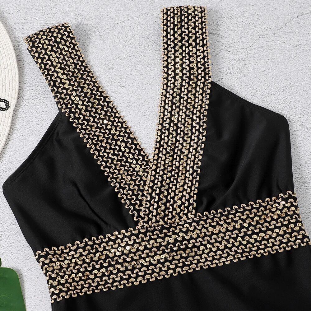 V-Neck Swimsuit with Gold Detail