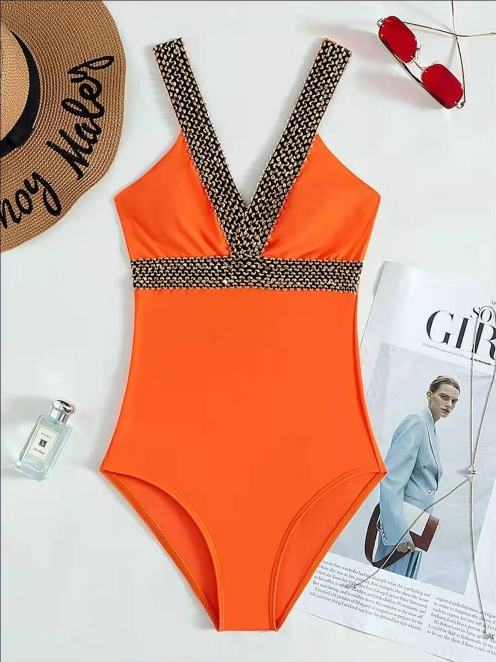 V-Neck Swimsuit with Gold Detail