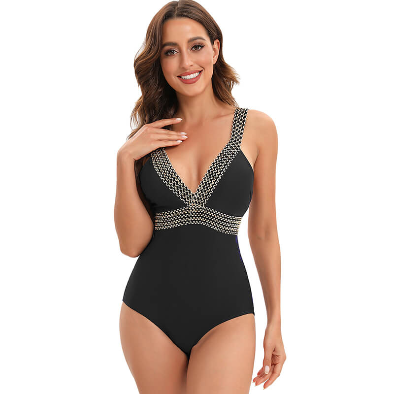 V-Neck Swimsuit with Gold Detail