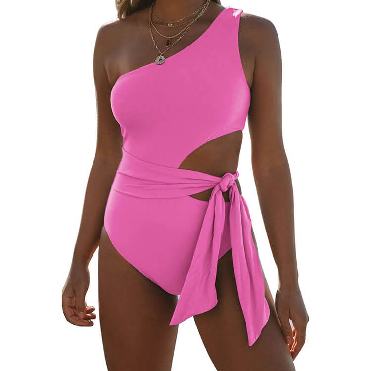 Asymmetrical Cut Out Swimsuit with Waist Tie