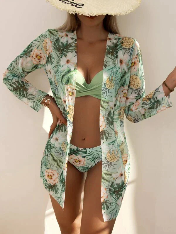 3 in 1 Floral Bikini - Top, Bottom, and Shirt