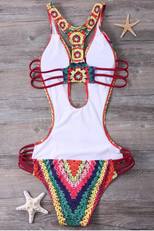 One-Piece Swimsuit with Crochet Print and Open Back