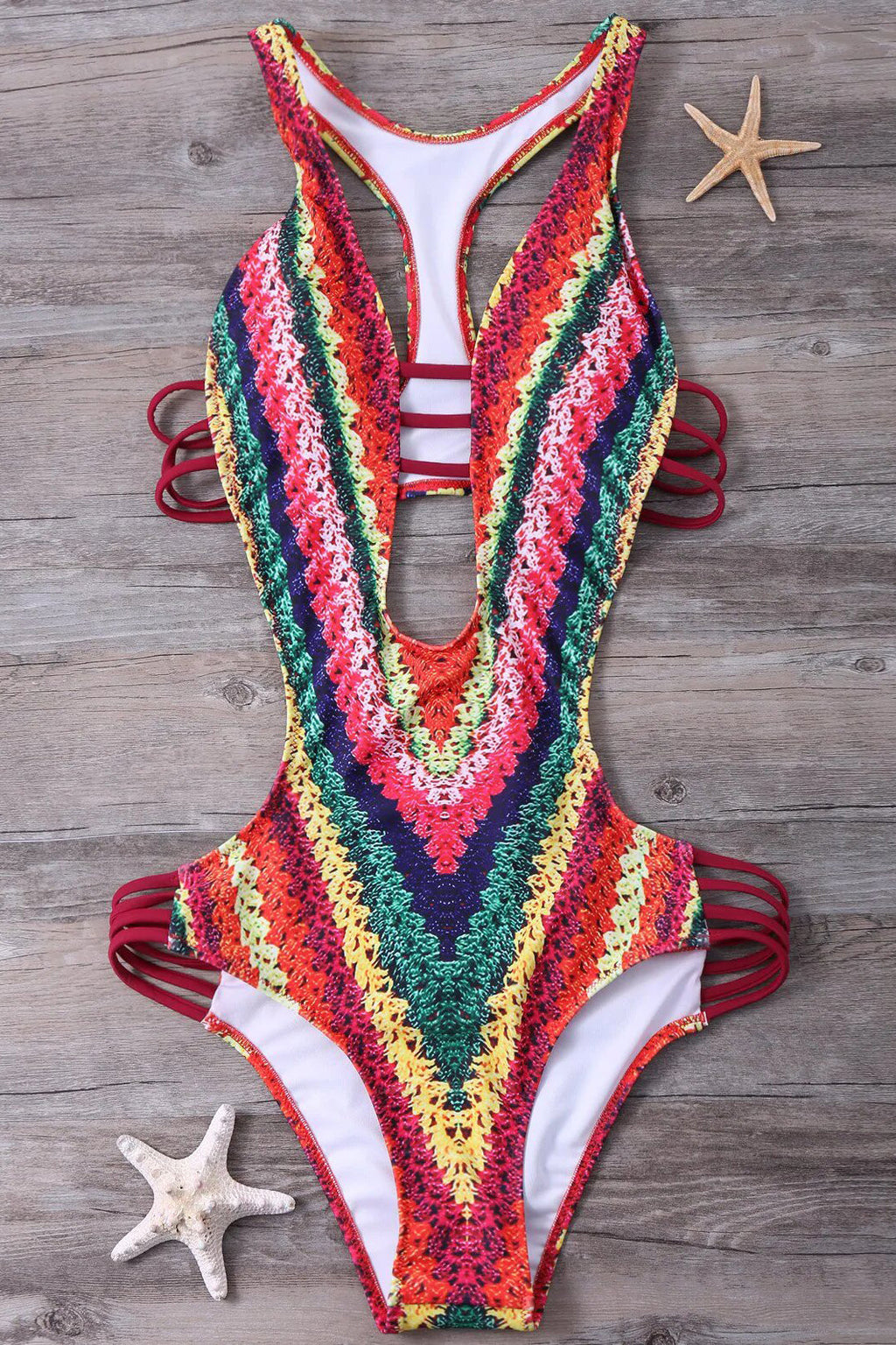 One-Piece Swimsuit with Crochet Print and Open Back