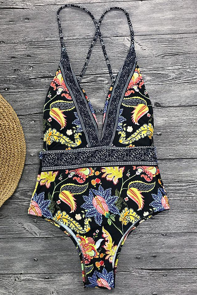 Boho Print V-Neck Swimsuit