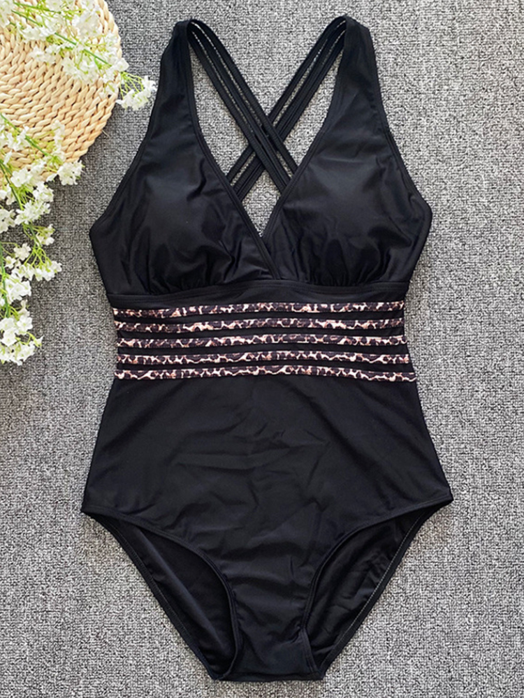 Women's Contouring One-Piece Swimsuit with V-Neck and Leopard Print Waistband