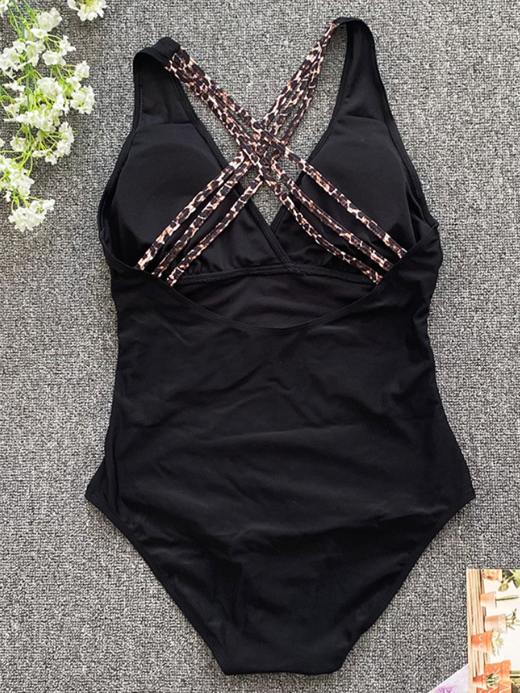 Women's Contouring One-Piece Swimsuit with V-Neck and Leopard Print Waistband