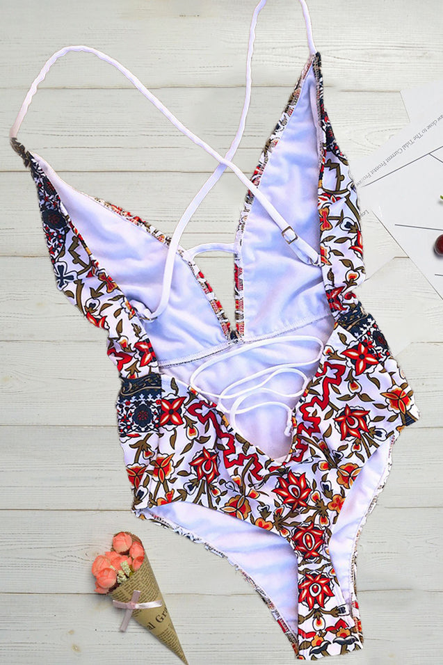 Boho Print V-Neck Swimsuit