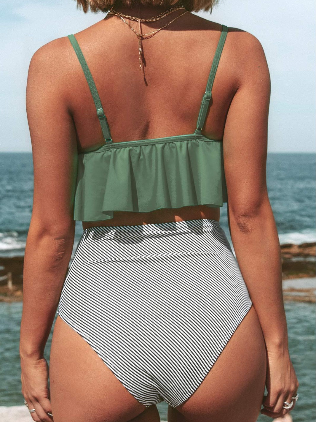 High-Waisted Striped Shaping Bikini with Ruffled Top