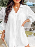 Women's White Mini Shirt Cover-Up with Pocket - Summer