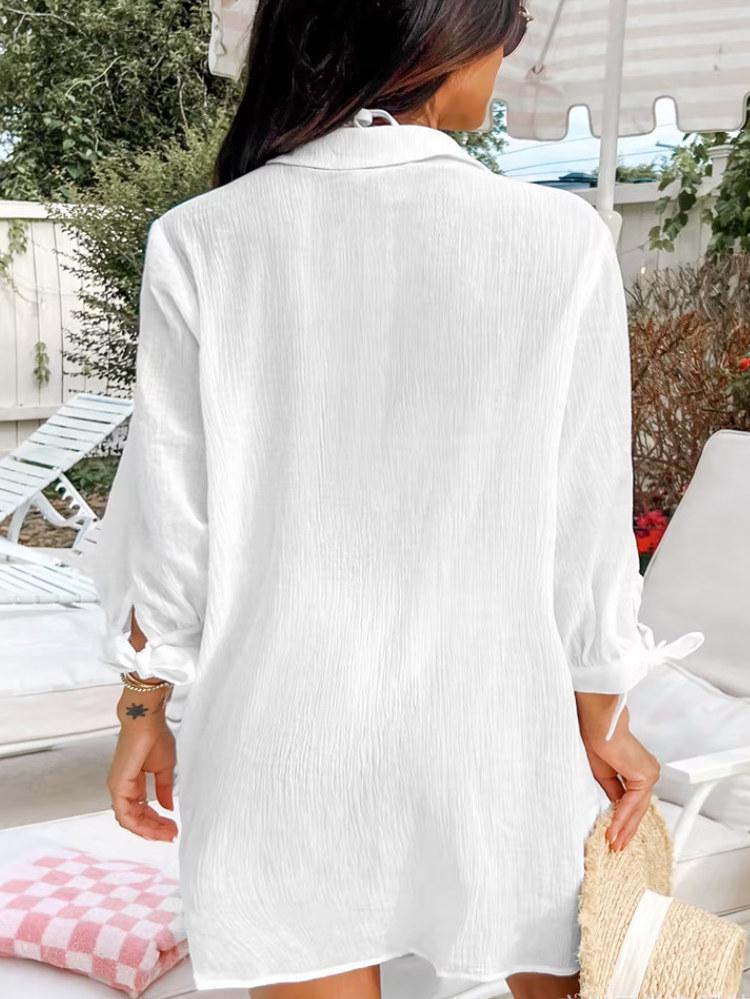 Women's White Mini Shirt Cover-Up with Pocket - Summer