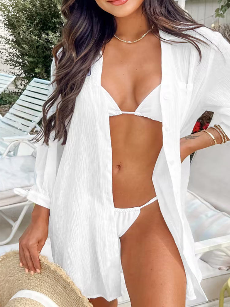 Women's White Mini Shirt Cover-Up with Pocket - Summer