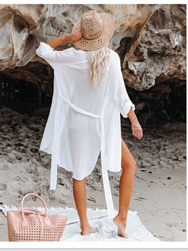 Women's Long White Sheer Beach Cover-Up Shirt