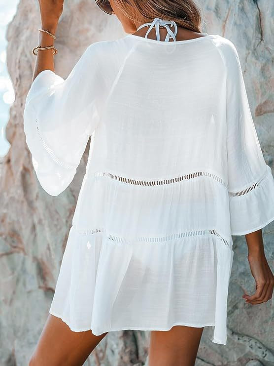 Women's White Summer Cover-Up Dress with Bell Sleeves