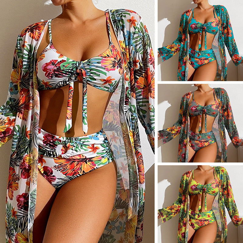 3-Piece Women's Tropical Swimsuit – High-Waisted Bikini with Lightweight Cover-Up