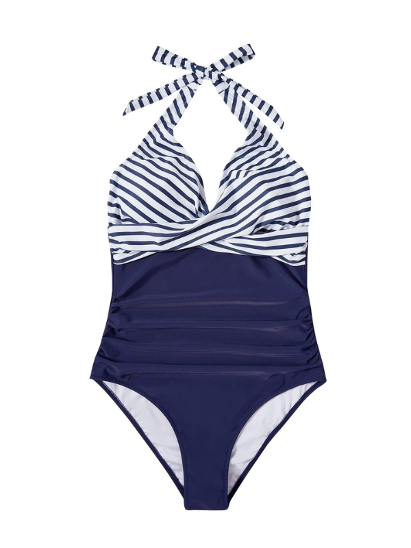 One-Piece Women's Contouring Swimsuit - V-Neck and Shaping Effect - Navy Stripes