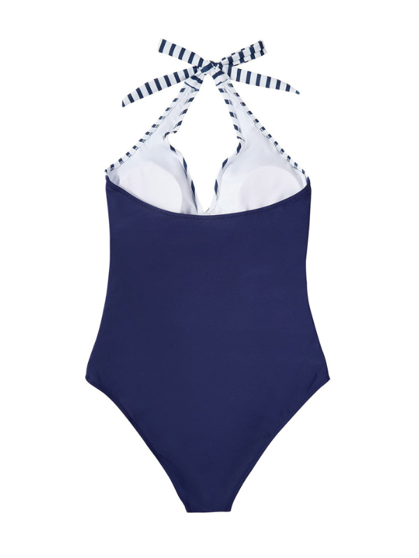 One-Piece Women's Contouring Swimsuit - V-Neck and Shaping Effect - Navy Stripes