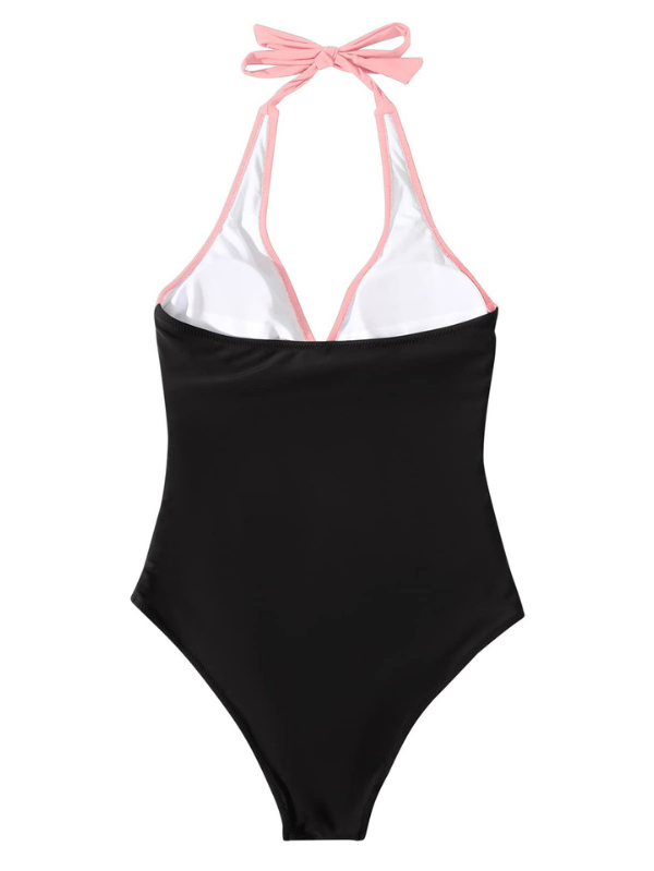 Women's Shaping One-Piece Swimsuit - V-Neck and Shaping - Pink and Black