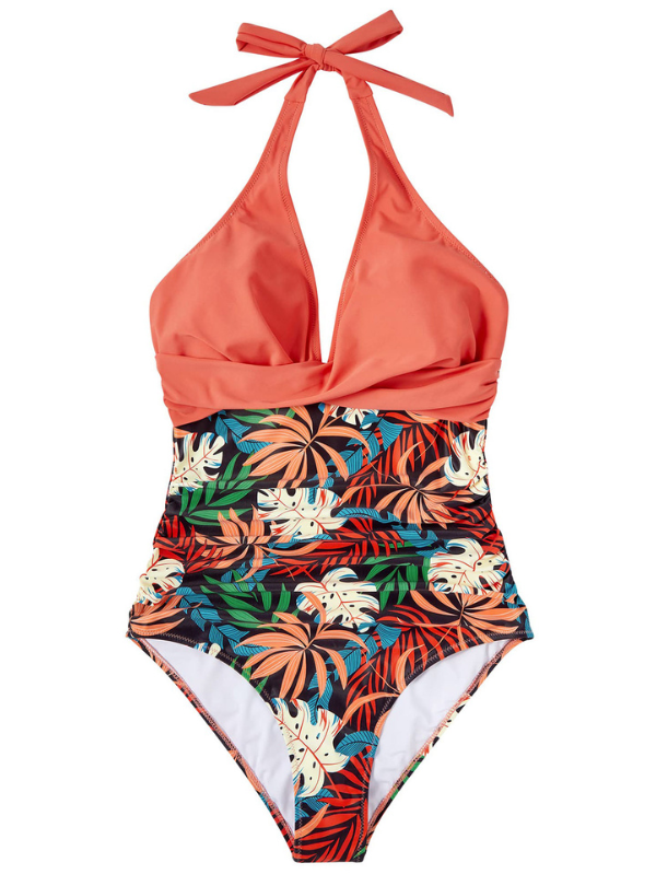 Women's Shaping One-Piece Swimsuit - Deep V Neck and Shaping - Tropical Coral
