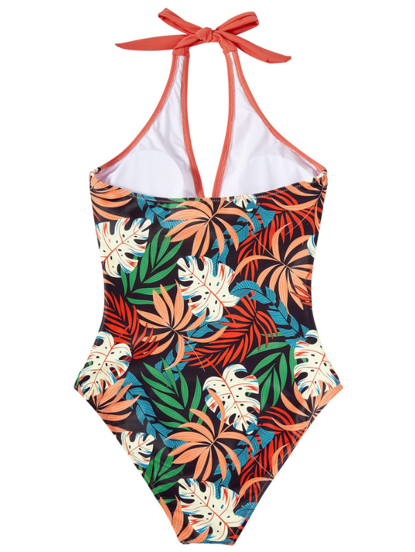 Women's Shaping One-Piece Swimsuit - Deep V Neck and Shaping - Tropical Coral