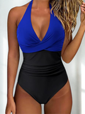 Women's Shaping One-Piece Swimsuit - V-Neck and Shaping - Cobalt Blue and Black