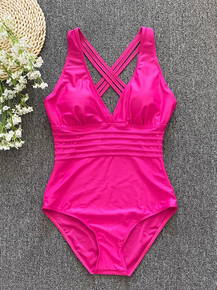 Women's Contouring One-Piece Swimsuit in Pink with V-Neck and Straps