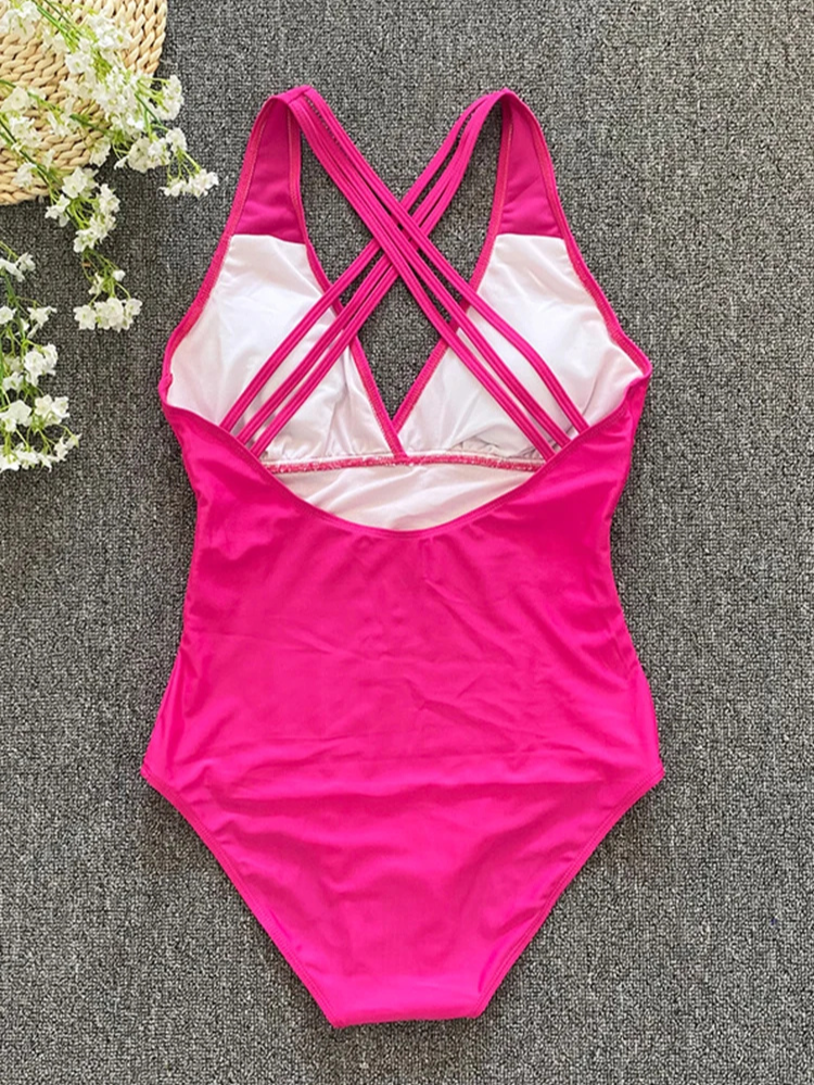 Women's Contouring One-Piece Swimsuit in Pink with V-Neck and Straps