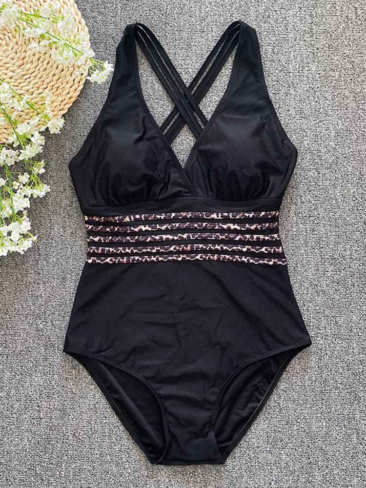 Women's Contouring One-Piece Swimsuit with V-Neck and Leopard Print Waistband