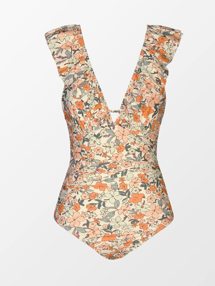 Shaping One-Piece Swimsuit for Women with V-Neck and Ruffles