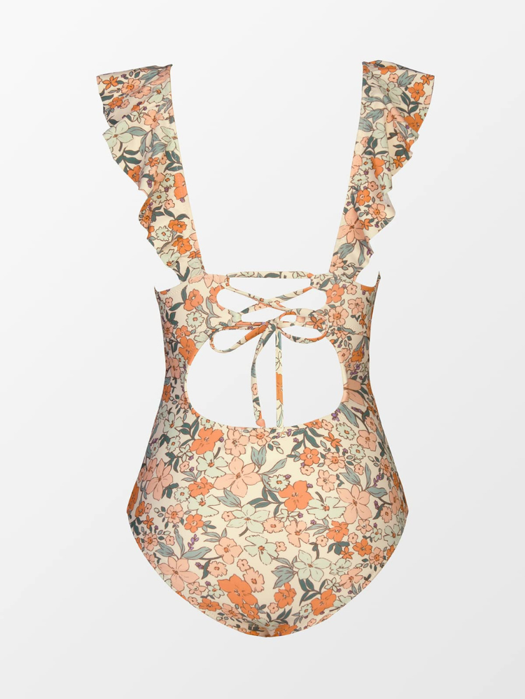 Shaping One-Piece Swimsuit for Women with V-Neck and Ruffles