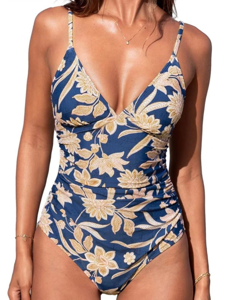 Women's Shaping One-Piece Swimsuit V-Neck Floral Print Blue