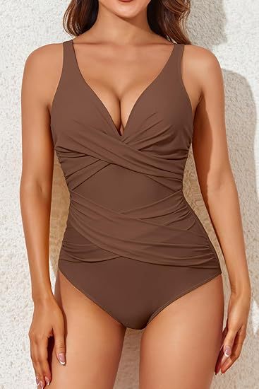 Shaping One-Piece Swimsuit for Women – Draped V-Neck, Slimming Effect