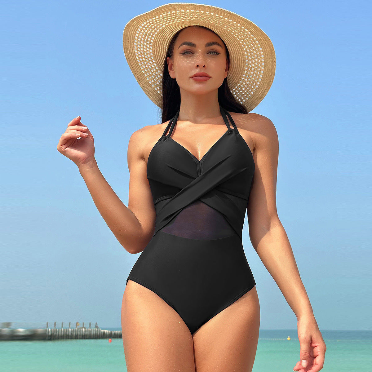 Shaping One-Piece Swimsuit with Cross and Tulle