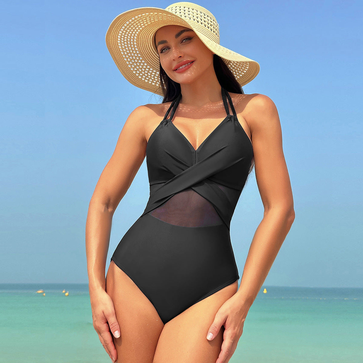Shaping One-Piece Swimsuit with Cross and Tulle