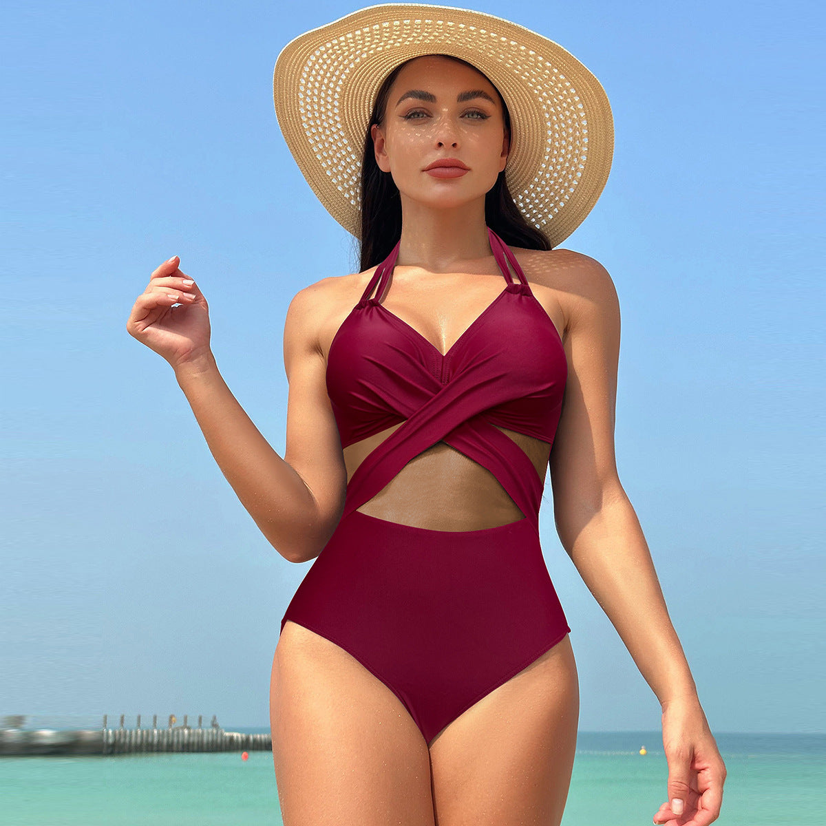 Shaping One-Piece Swimsuit with Cross and Tulle