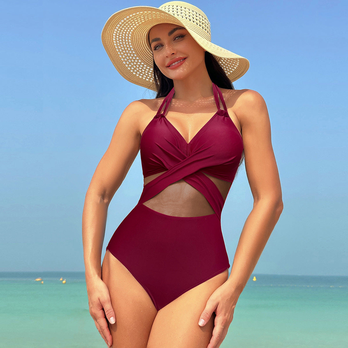 Shaping One-Piece Swimsuit with Cross and Tulle