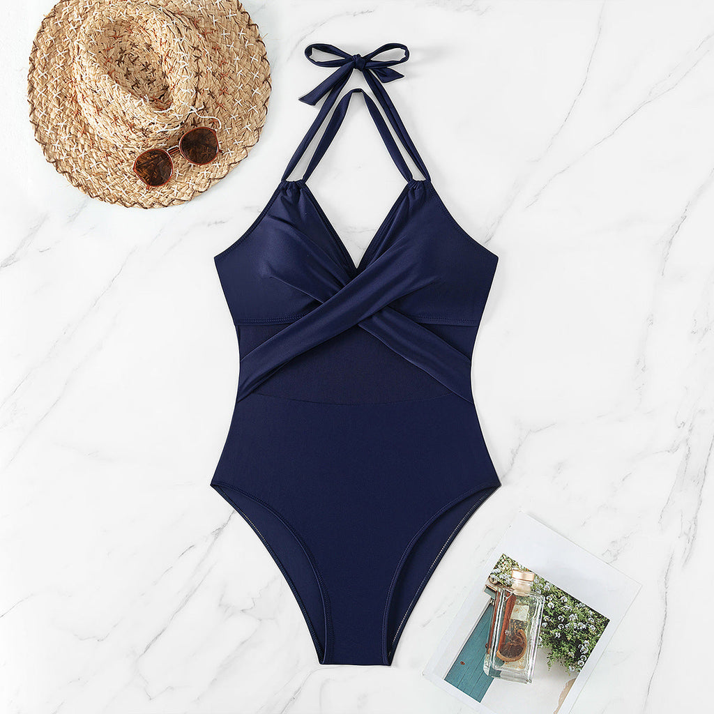 Shaping One-Piece Swimsuit with Cross and Tulle