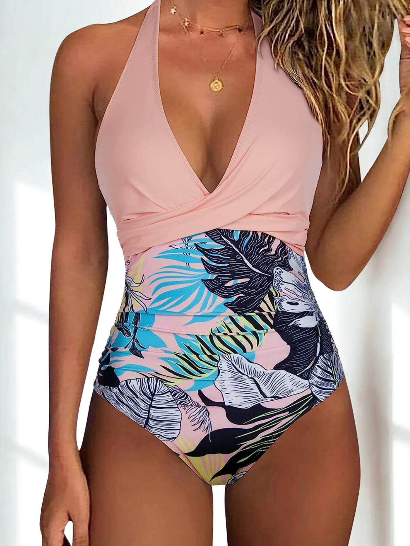 Tropical Leaf Swimsuit – V-Neck and Shaping Style