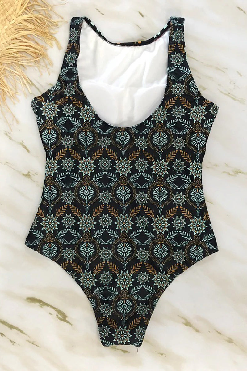 High Neck Boho Print One-Piece Swimsuit