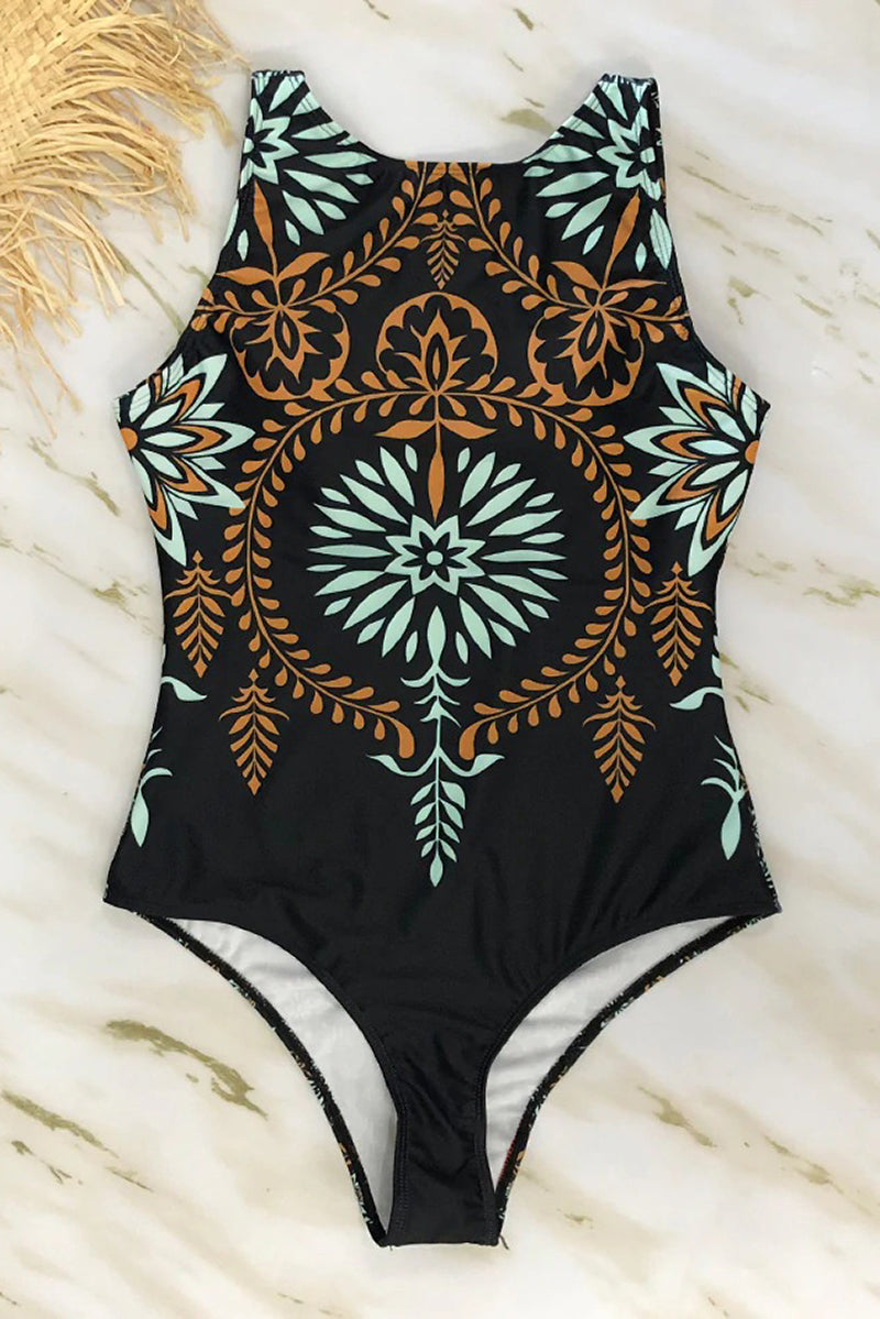 High Neck Boho Print One-Piece Swimsuit