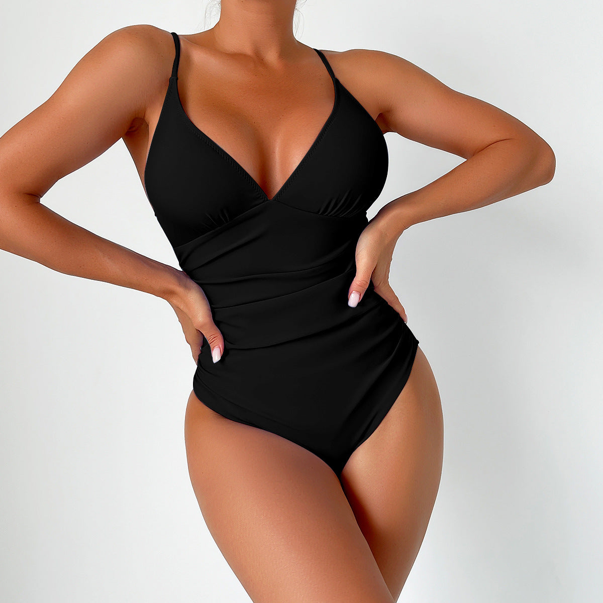 Shaping One-Piece Swimsuit with V-Neck and Thin Straps