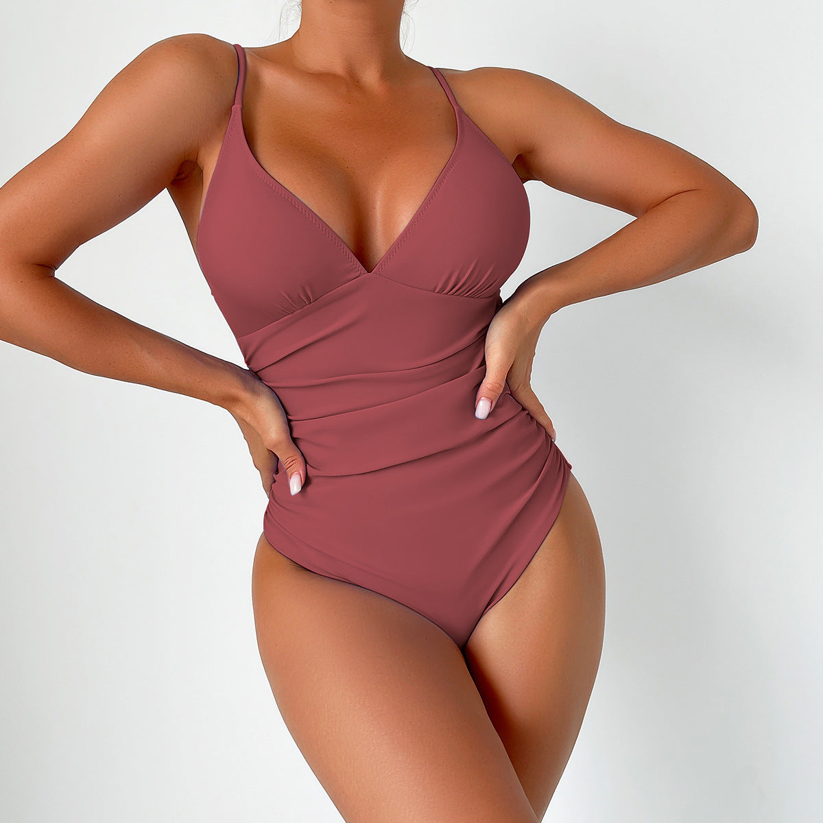 Shaping One-Piece Swimsuit with V-Neck and Thin Straps