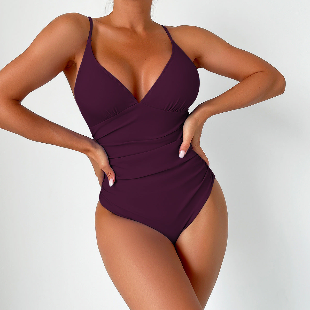Shaping One-Piece Swimsuit with V-Neck and Thin Straps