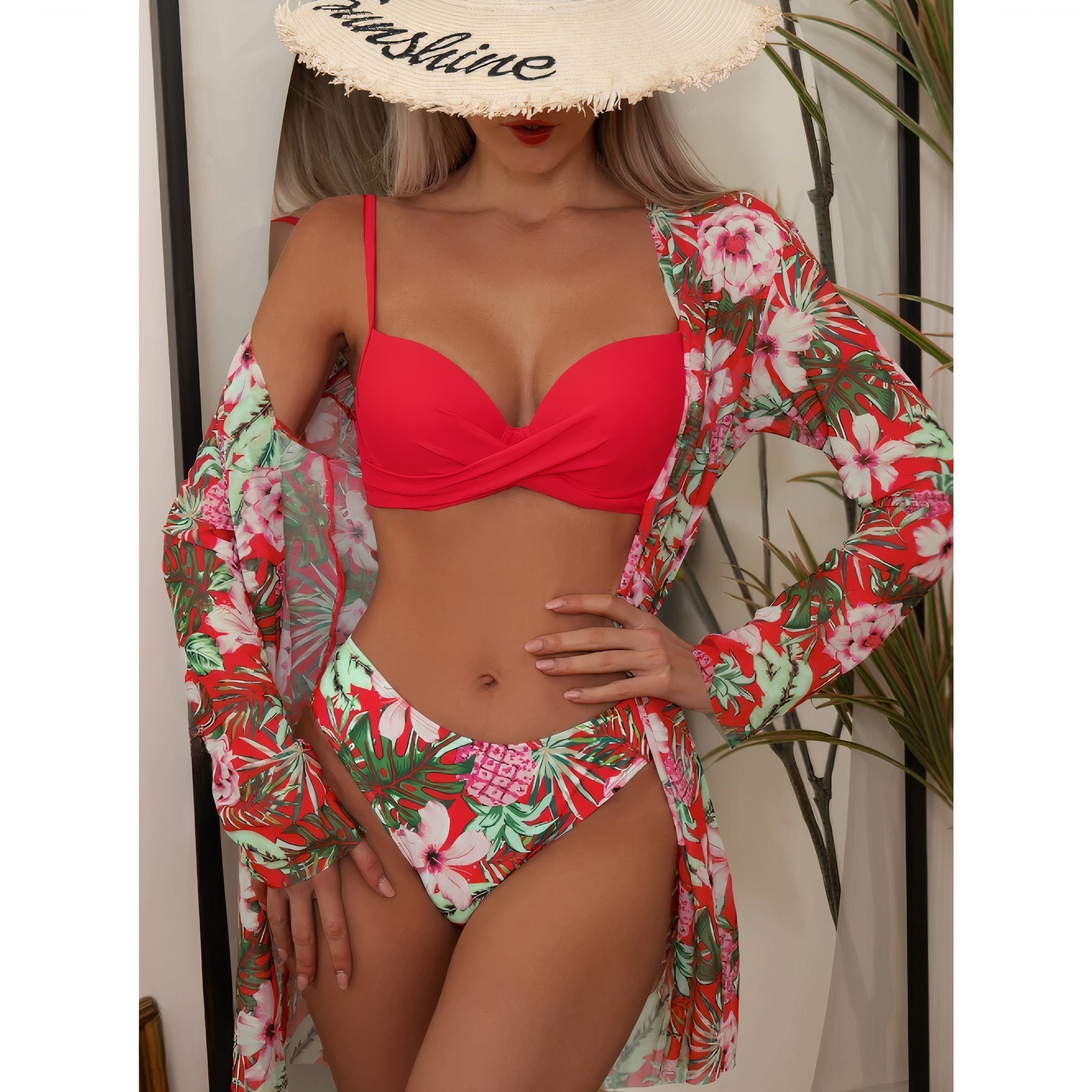 3 in 1 Floral Bikini - Top, Bottom, and Shirt
