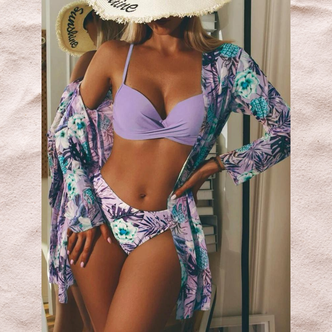 3 in 1 Floral Bikini - Top, Bottom, and Shirt