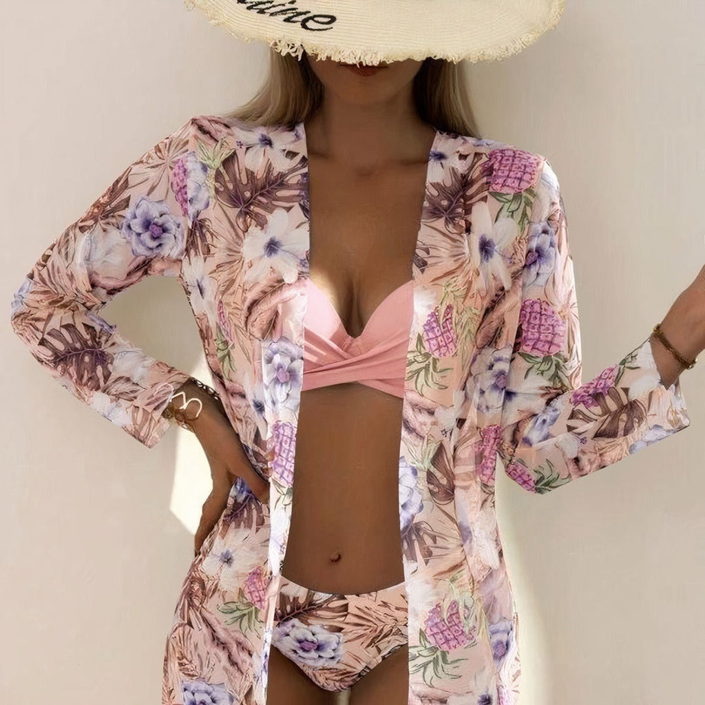 3 in 1 Floral Bikini - Top, Bottom, and Shirt