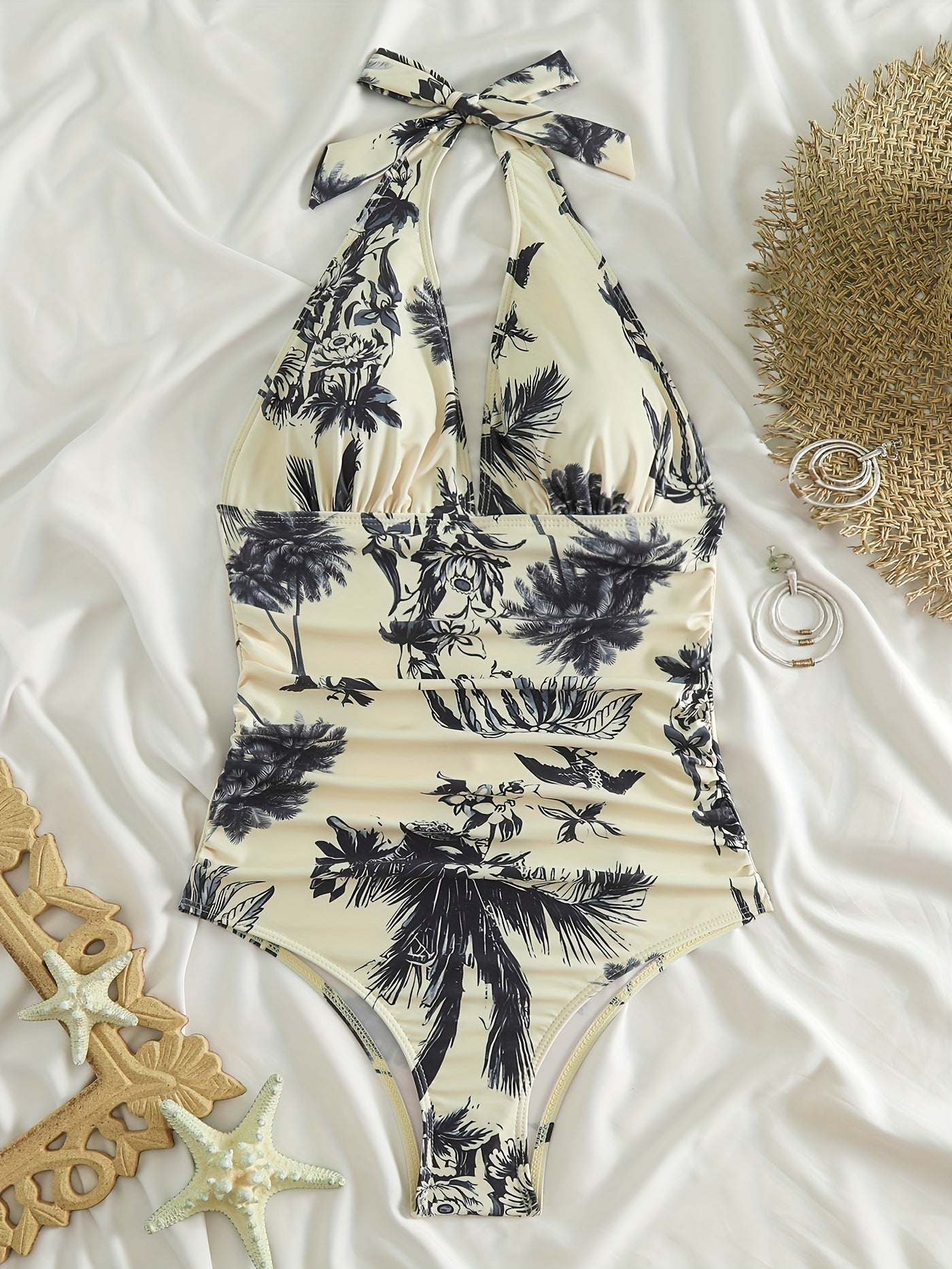 Shaping Swimsuit with V-Neck and Garden Print