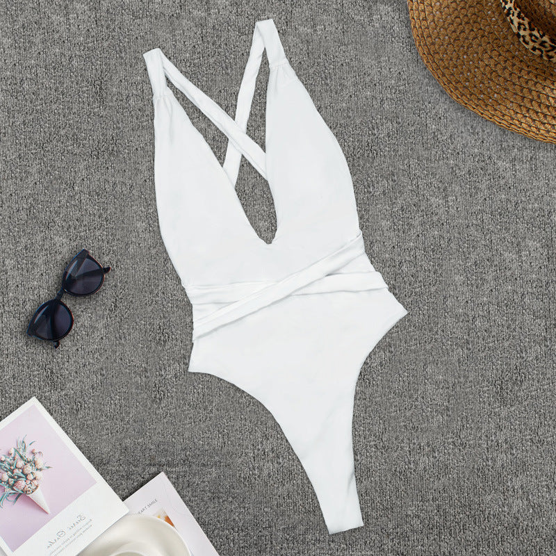 V-Neck One-Piece Swimsuit with Crossed Straps